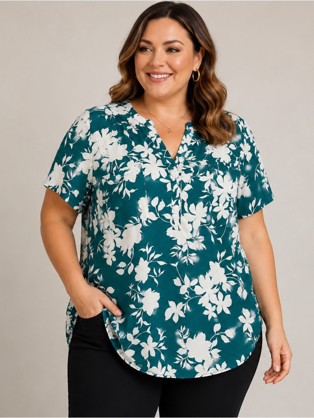 torrid Teal Floral Split-Neck Short Sleeve Blouse